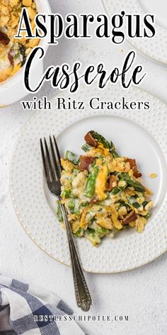 asparagus casserole with ritz crackers on a white plate next to a fork