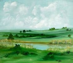 an oil painting of green fields and water