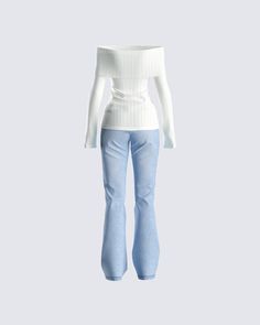 Bringing casual-chic to life with this two-piece set 🤍 With an ivory off shoulder sweater top paired with blue mid rise jeans - this fit is all you need to take on the day looking and feeling good 😘 Trendy White Stretch Off-shoulder Top, White Stretch Casual Off-shoulder Top, Chic White Off-shoulder Top For Fall, Chic White Denim Tops, Casual Stretch Off-shoulder Top, Casual White Off-shoulder Top For Fall, Blue Top Outfit, Journal Banner, Modest Dressing