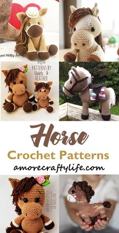 crochet horse patterns for stuffed animals are shown in this collage with text overlay that reads, house crochet patterns