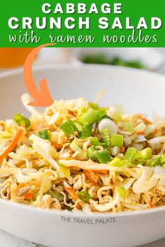 cabbage crunch salad with ramen noodles in a white bowl