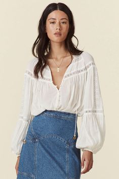 Teodora Blouse – SPELL - USA Sunset Soiree, Kimono Outerwear, Broad Shoulders, Lace Trims, Denim Jumpsuit, Pin Tucks, The Chic, Blouse Top, Easy Wear