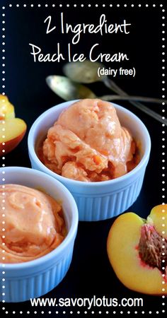 two small blue bowls filled with peach ice cream