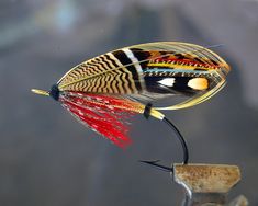 a fly with red, yellow and black feathers on it