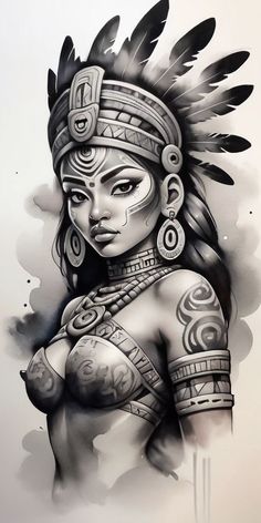 Mayan Woman Tattoo, Aztec Women Tattoo, Woman Warrior Tattoo Design, Conquistador Tattoo, Chicano Back Tattoo, Mayan Art Tattoo, Woman Warrior Tattoo, Warrior Tattoo Design