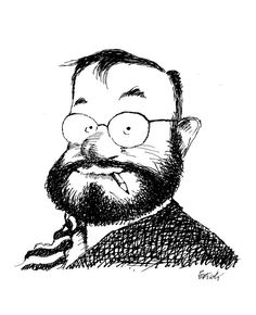 a black and white drawing of a man with glasses