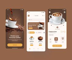 three mobile screens showing different types of coffee