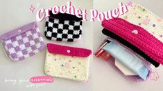 three crocheted pouches sitting next to each other