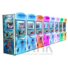 an assortment of colorful vending machines in a row on a white background with the words recreation equipment written below them