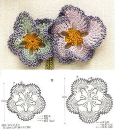 two crocheted flowers are shown with the same pattern on each flower, and one has