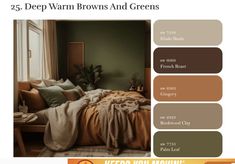 an image of a bedroom with green walls and brown furniture in the color palettes