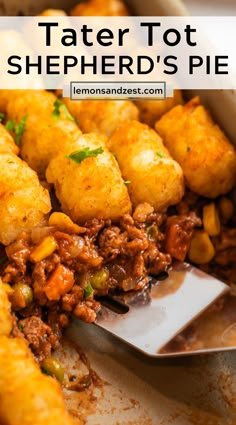 tater tot shepherd's pie in a casserole dish with a spatula