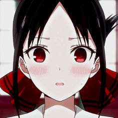 an anime character with red eyes and black hair