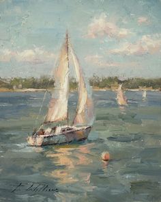 an oil painting of sailboats in the water