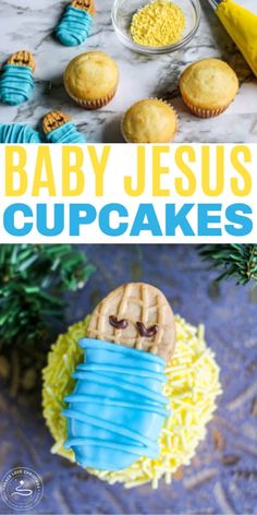 baby jesus cupcakes with blue icing and yellow sprinkles on top