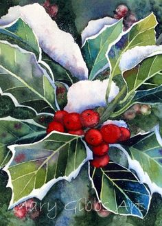 a painting of holly with red berries and green leaves