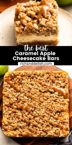 the best caramel apple cheesecake bars on a plate