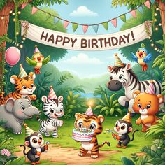 a birthday card with many animals in the jungle