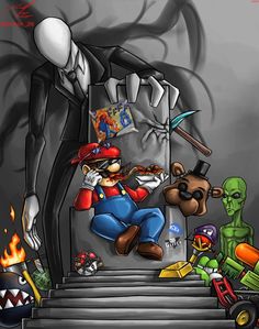 an image of a cartoon character on the stairs with other characters around him and in front of them