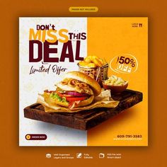 a flyer for a fast food restaurant with an image of a sandwich and fries on it