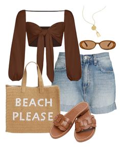 Brown knotted top, denim shorts, brown flats, beach tote vag, straw tote bag, summer outfits Beach Dinner Outfit Summer Nights, Summer Outfits Miami, Outfits Miami, Denim Shorts Outfit Summer, Hawaii Outfit, Miami Outfit, Madrid Outfits, Coastal Cowboy, Summer Outfit Beach