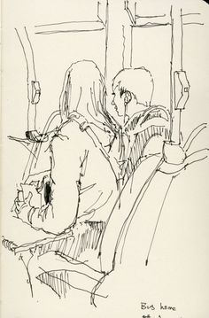 a black and white drawing of two people on a bus