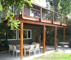 an outdoor patio with table and chairs under a wooden roof over looking the backyard area