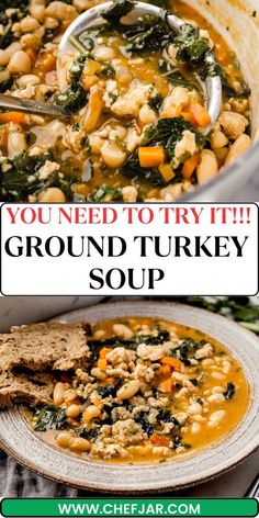 a white bowl filled with soup next to a spoon on top of a plate and the words, you need to try it ground turkey soup