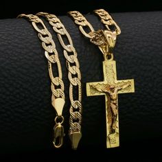 - Brand New Necklace + Pendant - Real 18k Gold-Plated - 24" Figaro Necklace - High Quality, Will Not Tarnish - Reasonable Offers Accepted Gold Crucifix With Figaro Chain Jewelry, Gold Crucifix Necklace With Diamond Cut, Figaro Necklace, Mens Accessories Jewelry, Mens Gold, Pendant Set, Necklace Pendant, Cross Pendant, 18k Gold