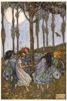 an illustration of three girls in the woods