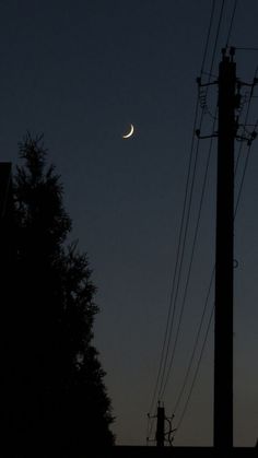 the moon is seen through power lines and telephone poles