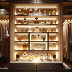 an illuminated display in a closet filled with perfume bottles and other personal care items on shelves