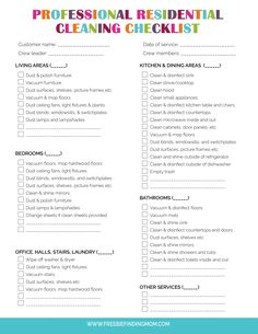 a cleaning checklist with the words professional residential cleaning checklist written in bold colors