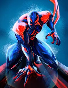 an artistic painting of a man in blue and red colors with his hands on his hips