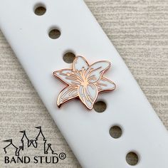 Our Lily Band Stud® is a hard enamel rose gold or gold plated band charm. Mouse on Main Street® Band Studs® are specially designed to fit smart watch bands, magicbands or fitness trackers with a 5mm custom backing to ensure a secure fit while staying flush to the back of your band. SHIPPING: All orders containing only READY TO SHIP items will ship the next business day, unless otherwise noted in your confirmation email. If there is a change for any reason, the date you can expect your items to s Apple Watch Band Studs, Apple Watch Hacks, Apple Watch Cuff, Smart Watch Bands, Cute Apple Watch Bands, Apple Gadgets, Asiatic Lily, Asiatic Lilies, Fitness Trackers