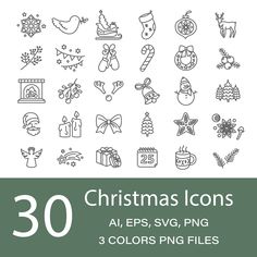 the 30 christmas icons are shown in black and white, with text that reads 30 christmas icons