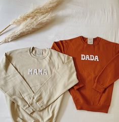 This trendy matching wifey and hubby outfit is perfect for baby reveals/pregnancy announcements, hospital coming home outfits, and photoshoots! This is also perfect for gifting to your friends and loved ones! The letters (patches) and are heat pressed. Our sweatshirts run in a UNISEX fit. The sweaters naturally have a slightly oversized fit giving extra room for moving around and comfort! For this reason, we highly recommend getting your true normal size especially if you like that slight oversi White Family Matching Tops For Loungewear, Family Matching Loungewear Tops With Relaxed Fit, White Relaxed Fit Sweatshirt For Family Matching, Family Matching Cotton Tops For Loungewear, Matching White Tops For Loungewear, White Matching Loungewear Tops, Personalized Casual Tops For Gender Reveal, Family Matching Cotton Sweatshirt With Custom Text, Crew Neck Tops For Gender Reveal