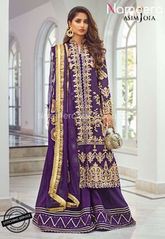 Buy Pakistani Wedding Party Dresses- Purple Party Dress for Wedding with Embroidery-Pakistani Wedding Party Dresses With Zari, Embroidery, Patch Work In USA, UK, Canada, Australia Visit Now : www.NameerabyFarooq.com or Call / Whatsapp : +1 732-910-5427 Pakistani Wedding Guest Outfits, Pakistani Wedding Guest, Outfits Purple, Purple Party Dress, Dress Islamic, Asim Jofa, Raw Silk Fabric, Purple Party, Dress For Wedding