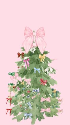 a watercolor christmas tree with pink bows on it's top and green leaves