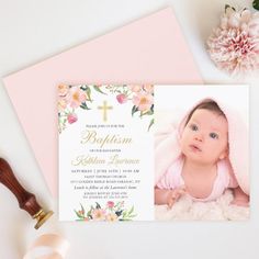 Watercolor Pink Floral Girl Baptism Photo for $2.80 - Baptism & Christening Invitations Baptism Photos, Spring Break Trips, Girl Baptism, Elegant Watercolor, Baptism Girl, Photo Invitations, Floral Photo, Custom Invitations