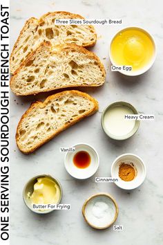 the ingredients for bread are shown on a marble surface