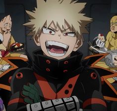 an anime character with his mouth open in front of other characters sitting at a table