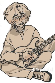 a drawing of a person sitting on the ground with a guitar in their hand and holding it