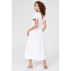 White cotton blend (98% Cotton, 2% Spandex). Lining (100% Cotton). Hourglass. Short sleeves. V-neck. Pull on. 47.5" from shoulder to hemline. Imported. Spring Cotton V-neck Dress With Short Sleeves, Cotton V-neck Dress For Brunch, Fitted V-neck Maxi Dress For Daywear, Casual Fitted V-neck Dress For Daywear, Cotton Midi Dress With Smocked Back And Short Sleeves, Fitted V-neck Dress For Spring Daywear, Fitted V-neck Dress For Summer Daywear, Fitted V-neck Midi Dress For Daywear, Fitted Cotton V-neck Maxi Dress