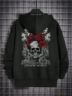 Sleek and Stylish: Men's Casual Skull Floral Print Drop Shoulder Hoodi Winter Skull Print Hoodie Outerwear, Urban Hoodie With Skull Print For Fall, Urban Style Skull Print Hoodie For Fall, Urban Style Hoodie With Skull Print For Fall, Urban Skull Print Hoodie For Fall, Fall Urban Hoodie With Skull Print, Winter Streetwear Hoodie With Skull Print, Black Hoodie With Skull Print For Winter, Black Skull Hoodie For Fall