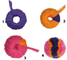 four balls of yarn are shown in different colors and sizes, including pink, purple, orange, and yellow