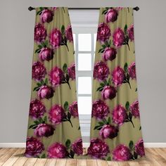 a window curtain with pink flowers on it