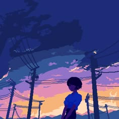 a person standing in front of power lines under a purple and blue sky with clouds