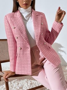 Rosa Elegante Collar manga larga Tela A cuadros Normal Embellished No-Elástico Primavera/Otoño Pink Blazer Outfit, Stylish Work Outfits, Pink Blazer, Business Outfit, Chic Outfit, Pink Pants, Blazer Outfits, Professional Outfits, Business Casual Outfits