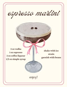 the label for an espresso martini with instructions on how to make it and how to use it